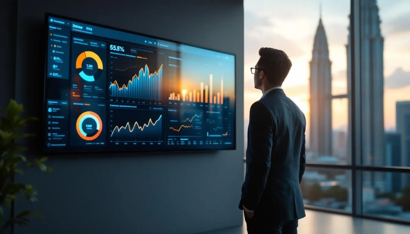 A clean, shot of a Malaysian Chinese business owner in a modern Kuala Lumpur office, looking at a large wall-mounted digit...