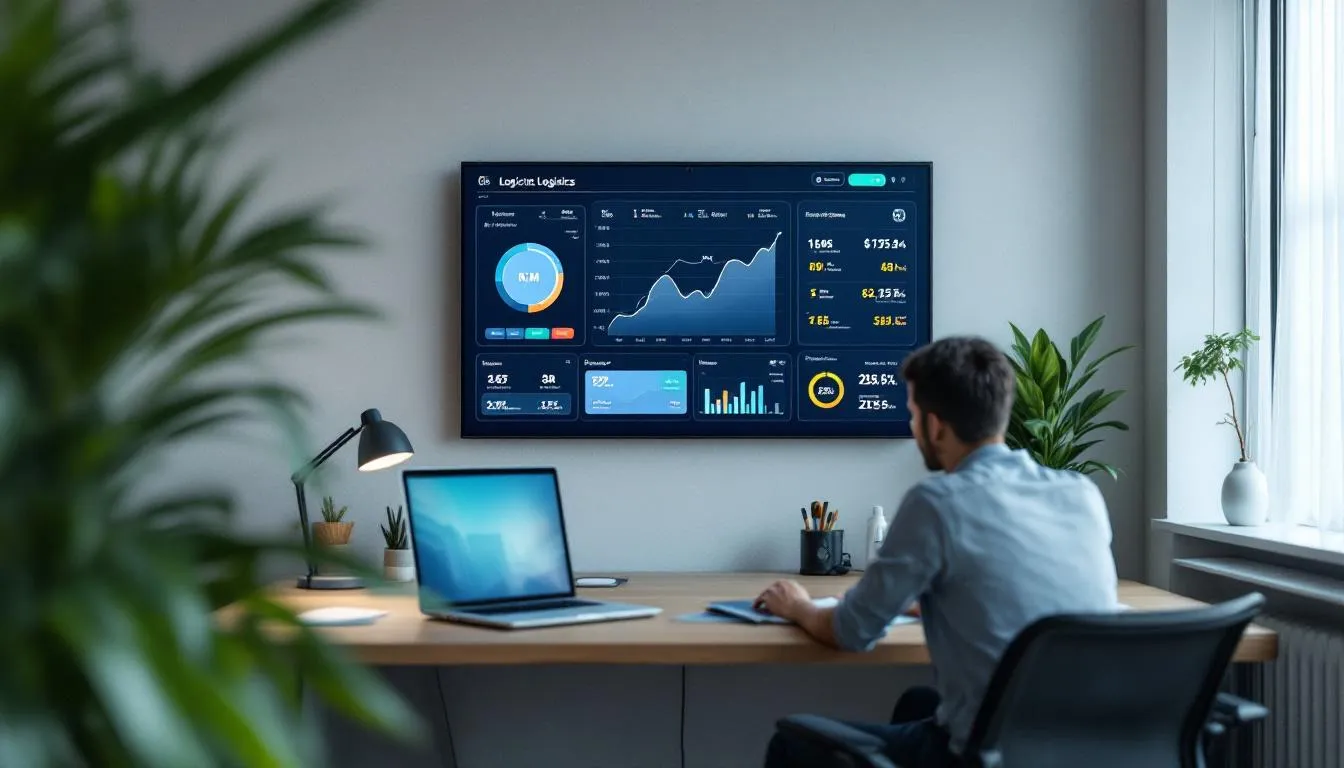 A modern Malaysian SME office in Kuala Lumpur, showing a clean workspace where a digital dashboard on a large screen displ...