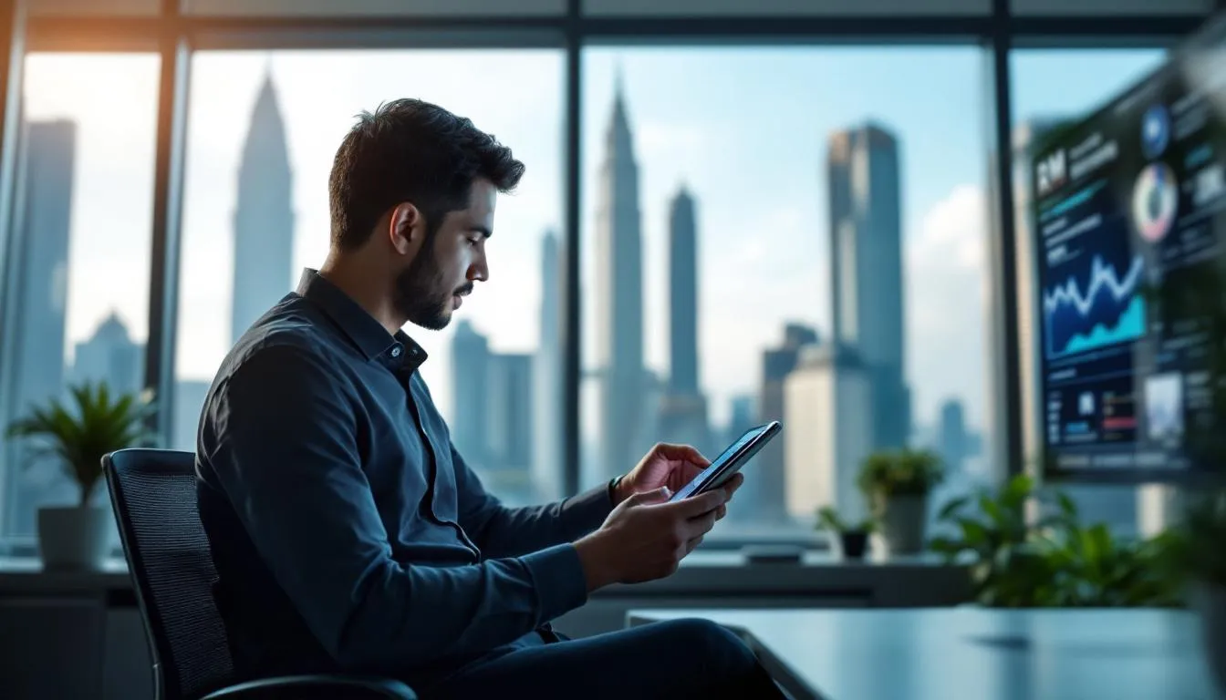 A Malaysian entrepreneur in a modern office in Kuala Lumpur, looking at a digital dashboard on a tablet showing RM profit ...
