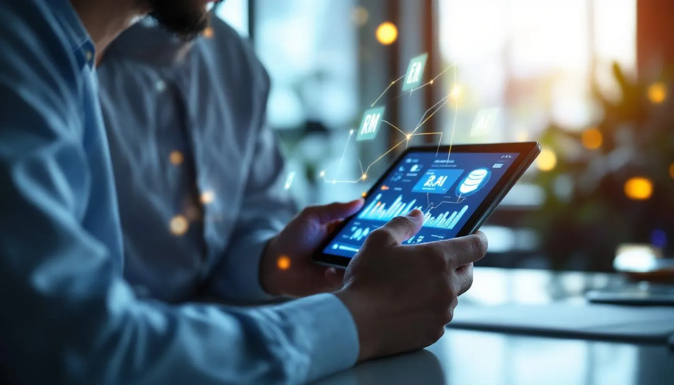 A Malay business owner in a modern Kuala Lumpur office looking at a tablet showing a simplified AI dashboard with RM curre...