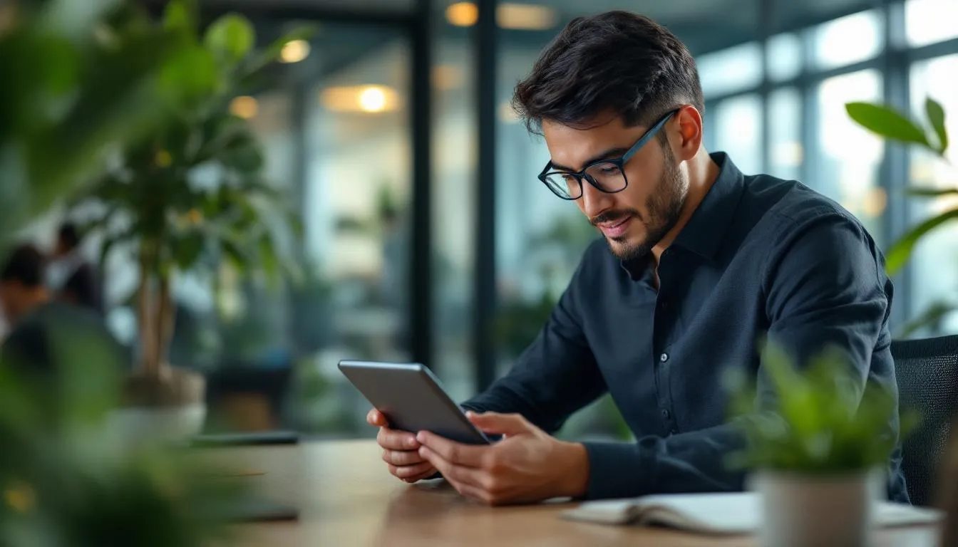 A Malaysian business owner in a modern Kuala Lumpur office looking at a tablet showing a simplified AI chat interface that...