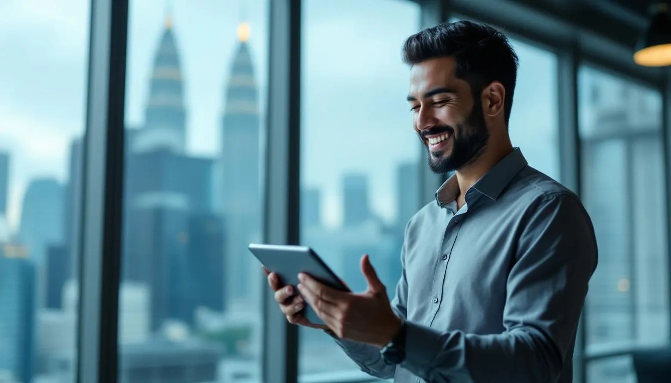 A Malaysian business owner in a modern office in Kuala Lumpur, smiling while looking at a tablet showing an automated work...