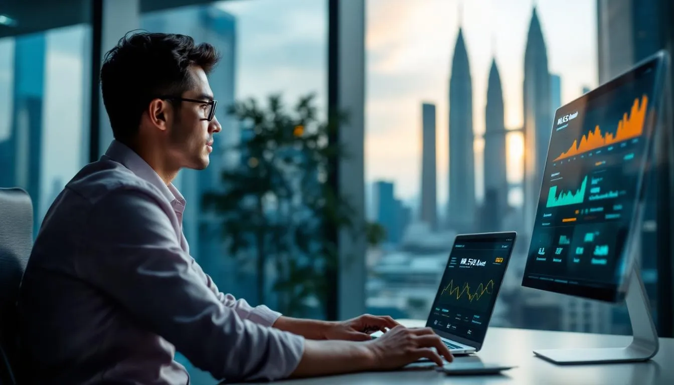 A Malaysian business owner in a modern Kuala Lumpur office looking at a digital dashboard showing 'RM5,500 Saved' and effi...