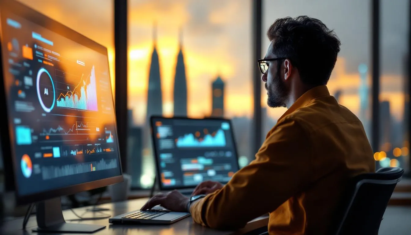 A Malaysian entrepreneur in a modern office in Kuala Lumpur, looking at a digital dashboard showing AI automation growth, ...