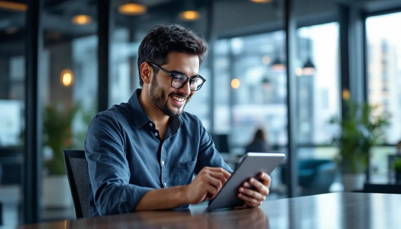 A busy Malaysian SME owner in a modern office in Damansara, smiling while looking at a tablet showing an AI dashboard with...