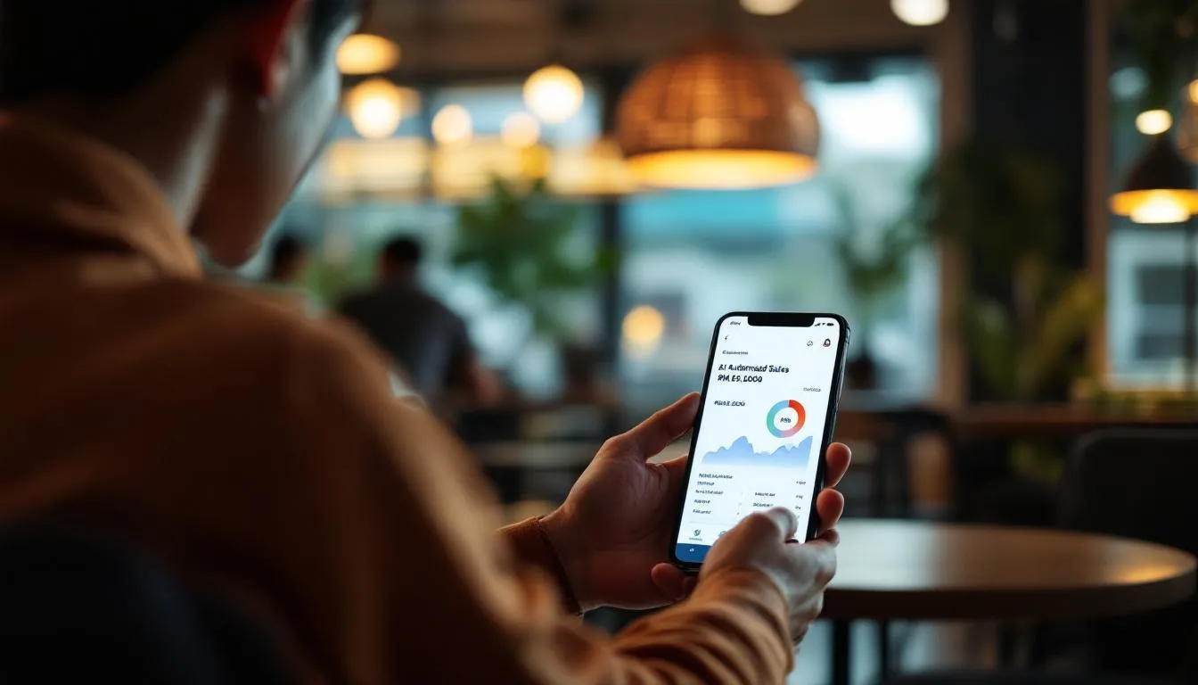 A Malaysian business owner sitting at a modern café in Bangsar, looking relaxed while their smartphone displays a dashboar...