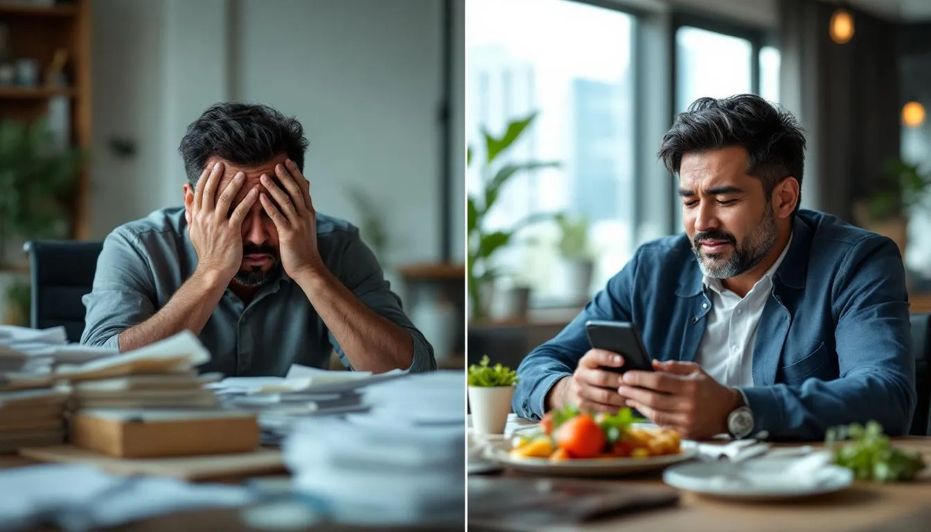 A split screen showing a frustrated Malaysian business owner at 9pm with piles of paper vs a relaxed owner having dinner i...