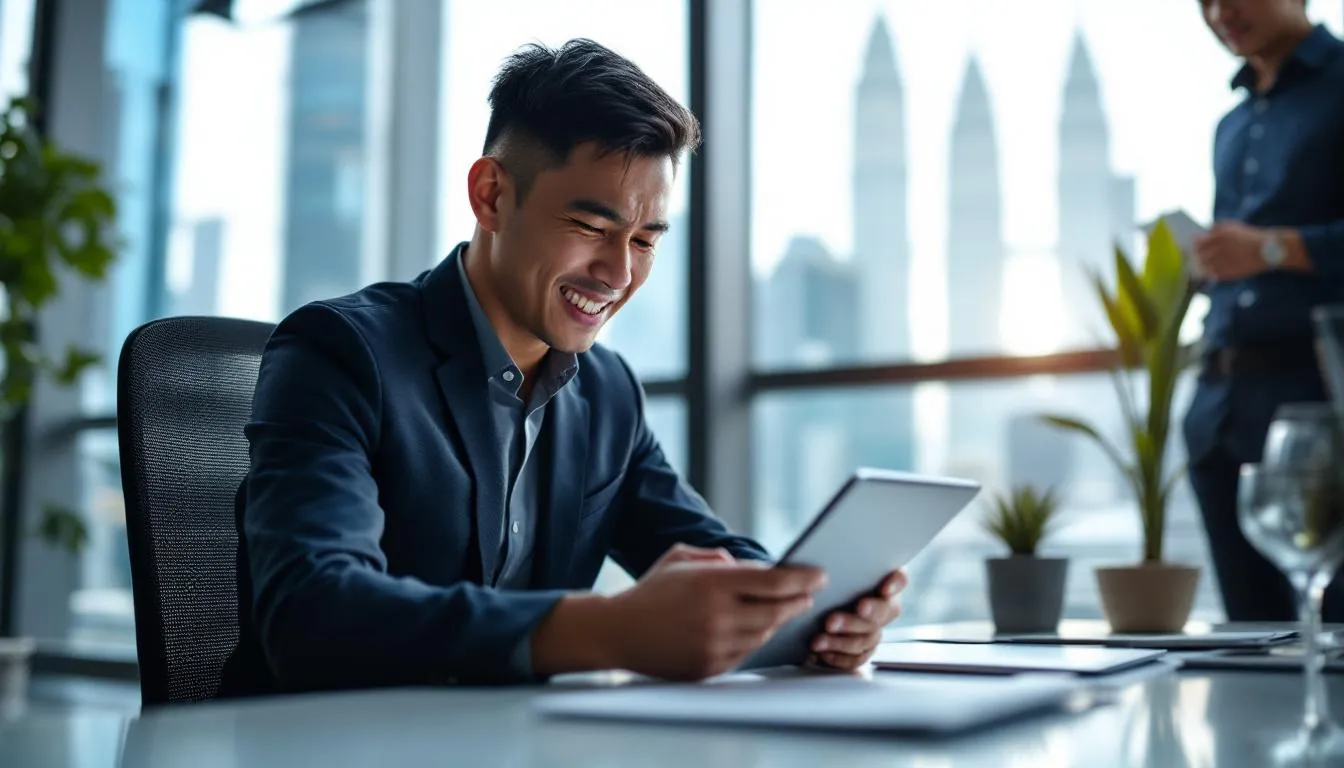 A busy Malaysian business owner in a modern Kuala Lumpur office, looking relieved as a digital dashboard on a tablet shows...