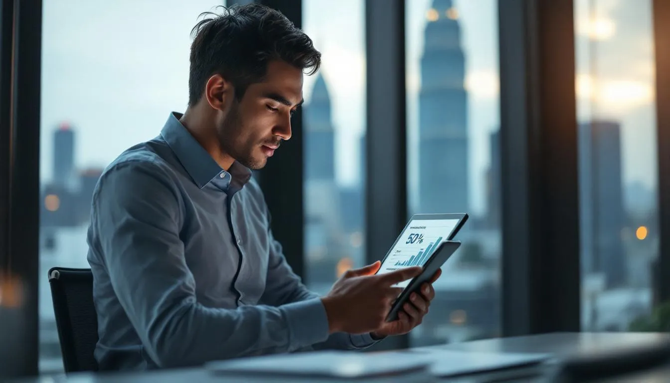 A Malaysian business owner in a modern office in Kuala Lumpur, looking at a tablet showing a 50% cost reduction chart, wit...