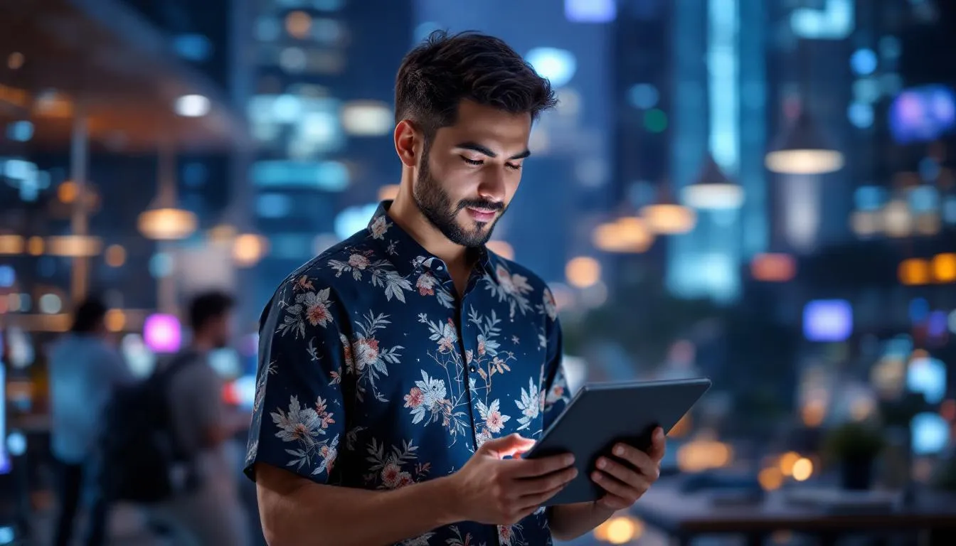 A Malaysian male entrepreneur in a modern batik shirt looking at a high-tech tablet displaying AI business analytics, with...