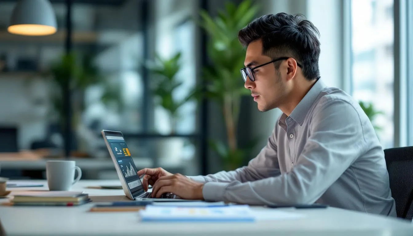 A modern Malaysian SME owner in a bright Kuala Lumpur office, looking at a laptop screen showing a 'Knowledge Hub' dashboa...