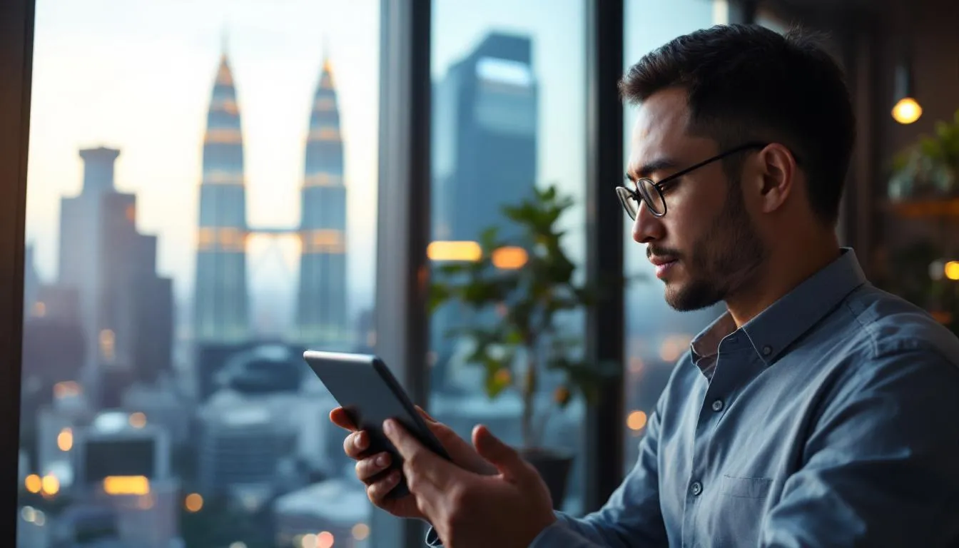 A Malaysian entrepreneur in a modern Kuala Lumpur office, looking at a tablet showing a 40% increase in digital engagement...