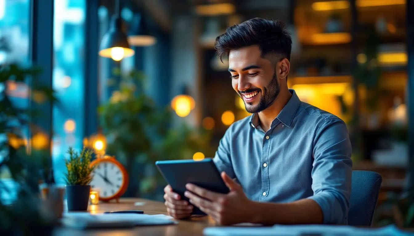 A Malaysian entrepreneur in a modern office in Kuala Lumpur, looking satisfied while reviewing a tablet showing an AI auto...