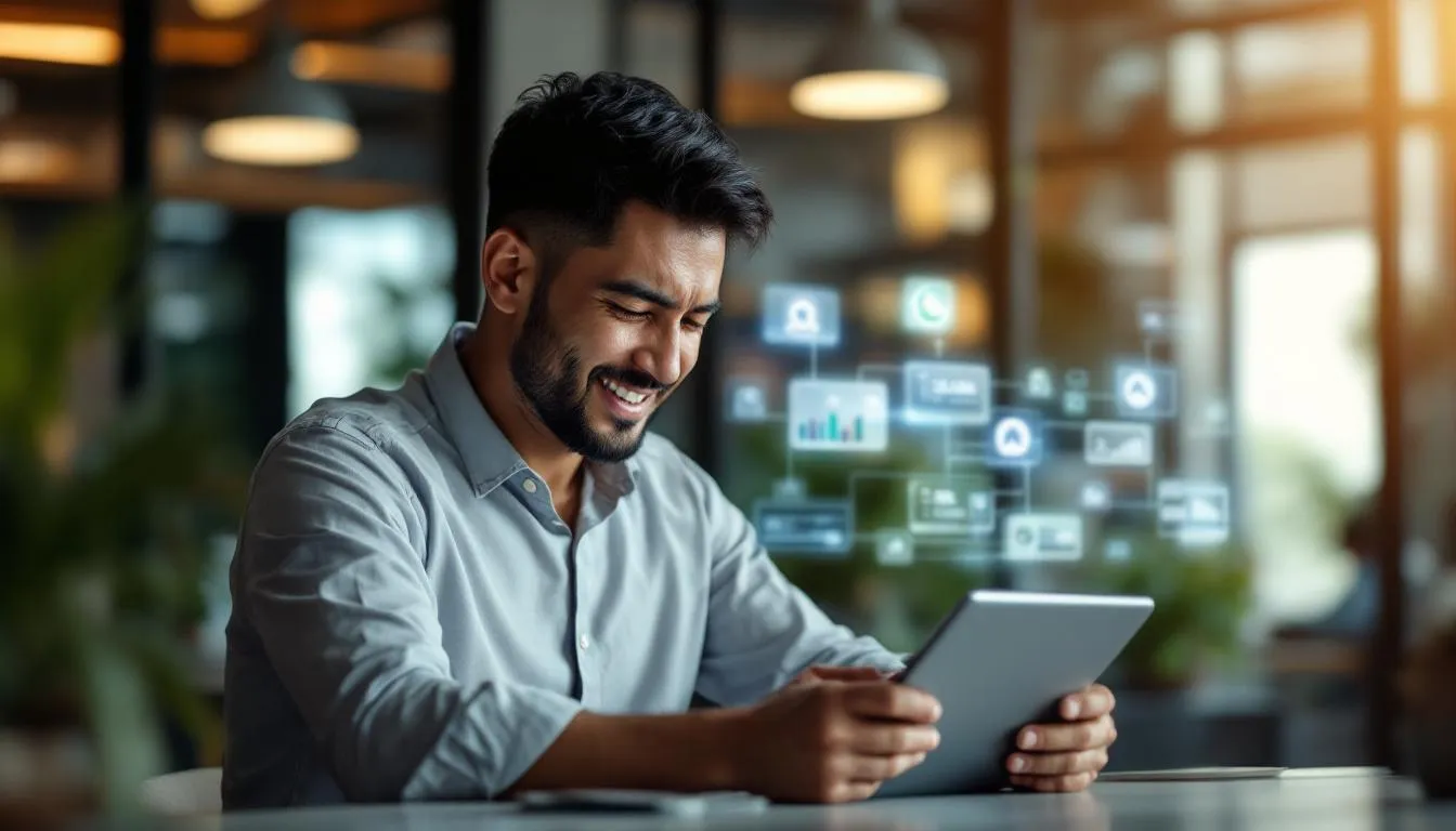 A busy Malaysian business owner in a modern Kuala Lumpur office looking relieved as a digital dashboard on a tablet shows ...
