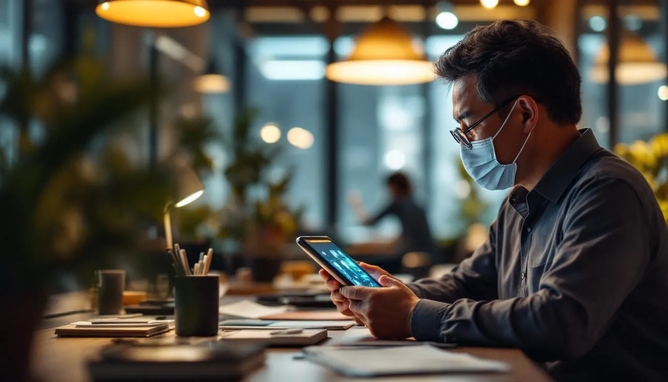photo of an experienced Malaysian Chinese businessman in a modern Kuala Lumpur office, looking at a digital tablet showing...