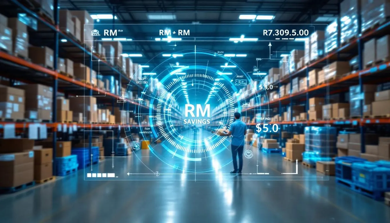 A busy Malaysian warehouse in Puchong with a digital overlay showing optimized delivery routes and RM savings counters, ph...