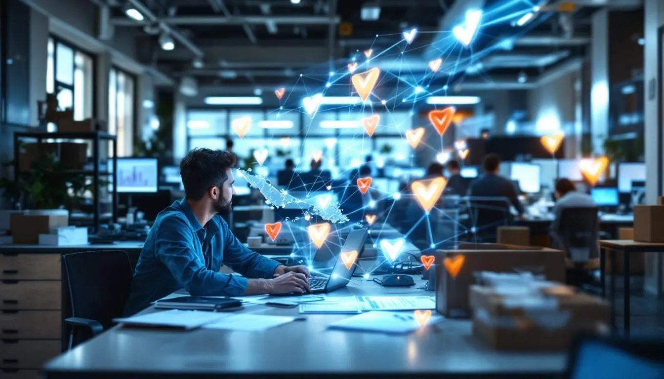 A busy logistics office in Port Klang with a transparent digital overlay showing real-time delivery data and automated che...
