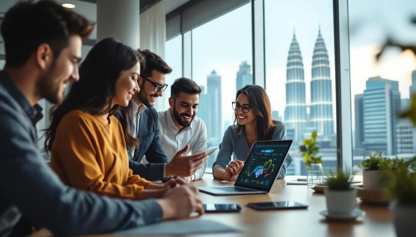A modern Malaysian SME office in Kuala Lumpur, showing a diverse team of employees looking at a tablet that displays a 'Co...