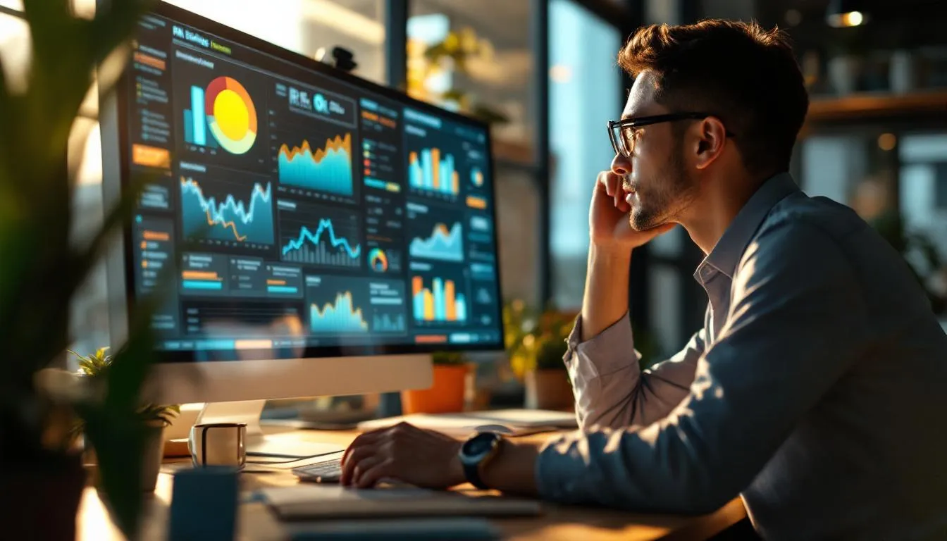 A Malaysian entrepreneur in a modern office in Kuala Lumpur, looking at a digital dashboard showing RM savings and operati...