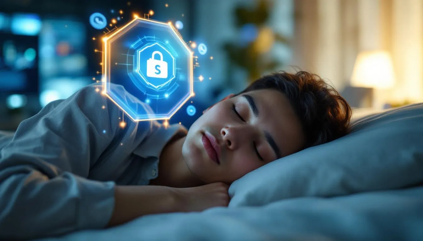 A Malaysian business owner sleeping peacefully while a digital holographic AI shield protects a glowing Shopee and WhatsAp...