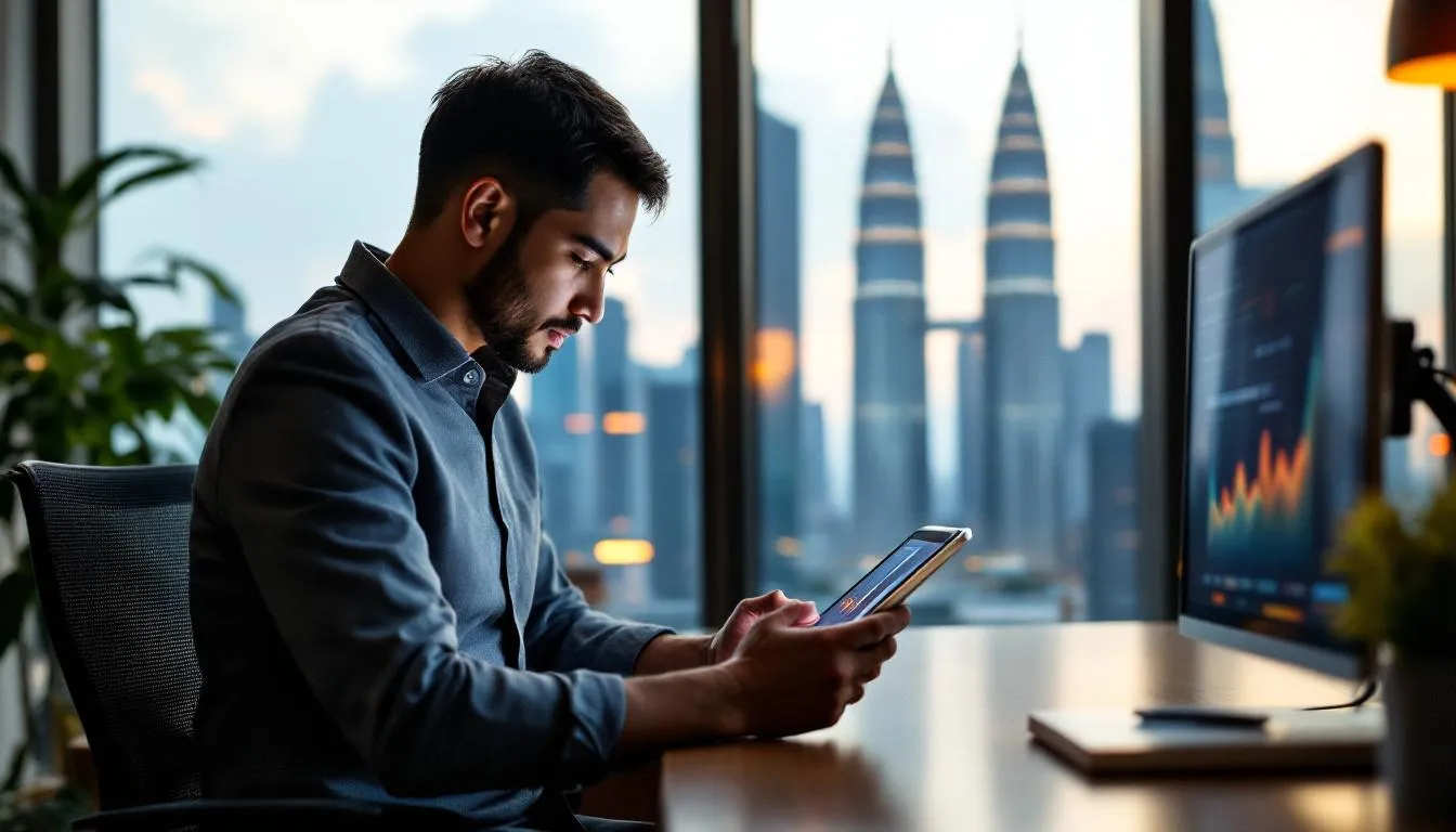 A Malaysian entrepreneur in a modern office in Kuala Lumpur, looking at a digital tablet displaying AI-driven sales growth...