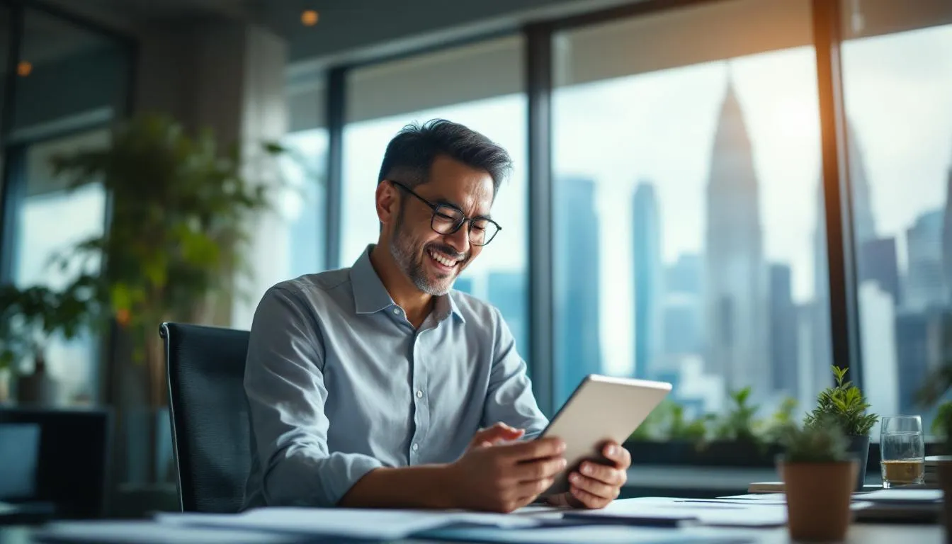 A modern Malaysian SME owner in a bright office in Kuala Lumpur, looking relieved while looking at a tablet showing a 60% ...