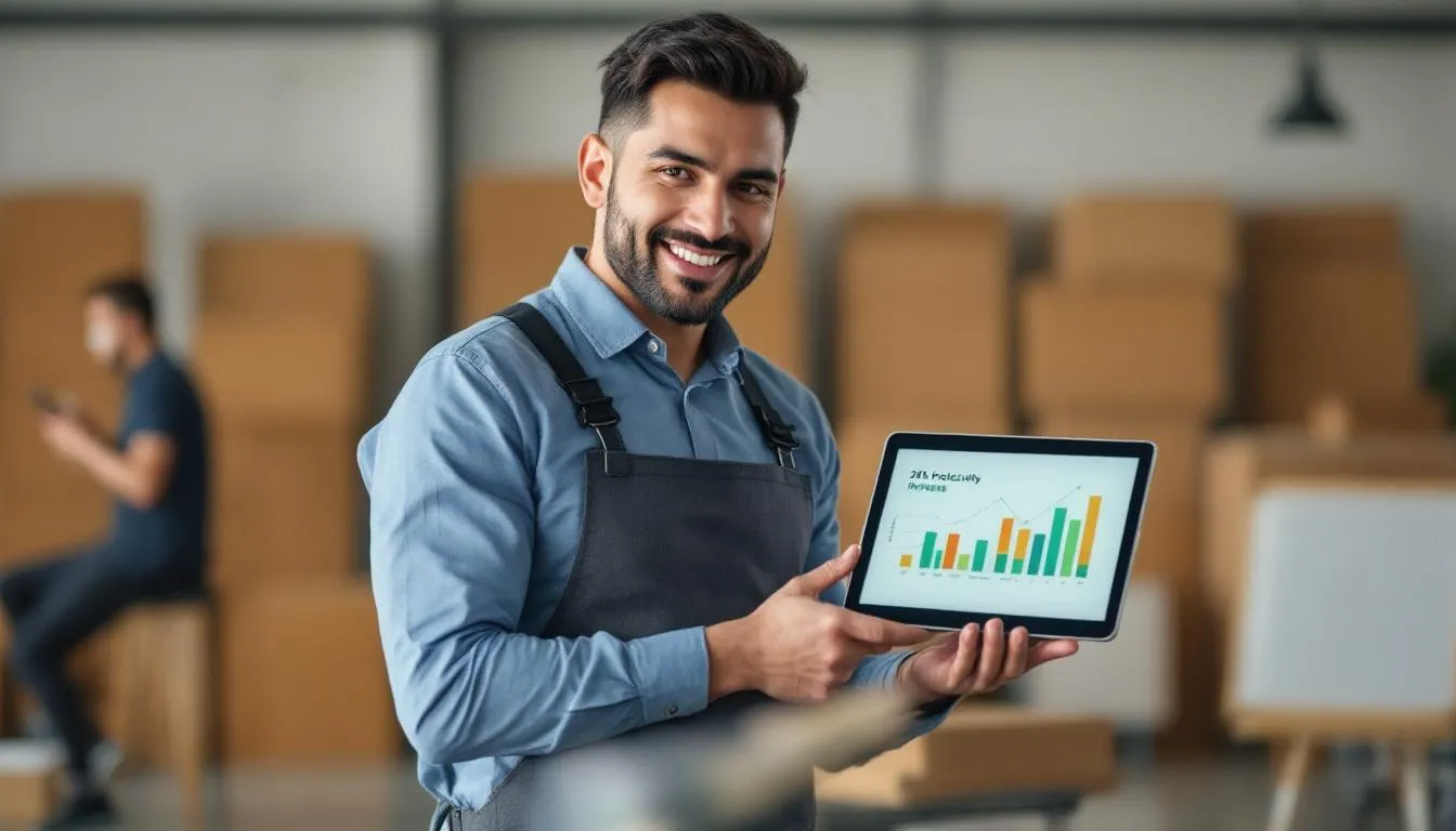 A Malaysian business owner in a modern Sungai Buloh workshop, holding a tablet showing a 20% productivity increase chart, ...