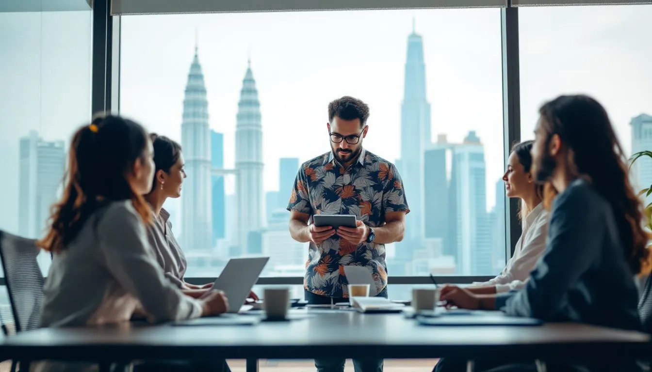 A Malaysian business owner in a modern batik shirt presenting a digital transformation plan on a tablet to a group of dive...