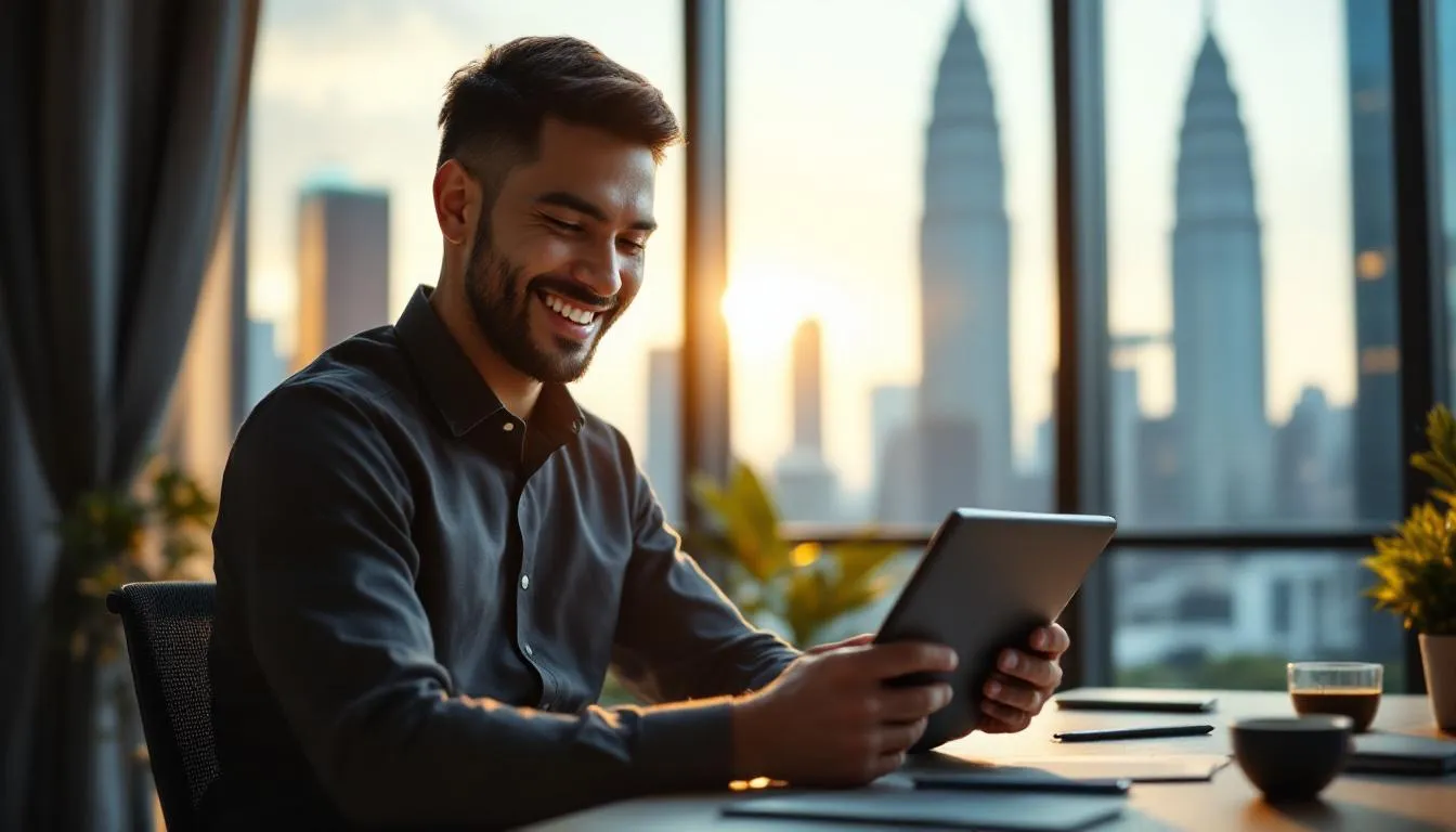 A Malaysian business owner in a modern Kuala Lumpur office, smiling while looking at a tablet showing an automated workflo...