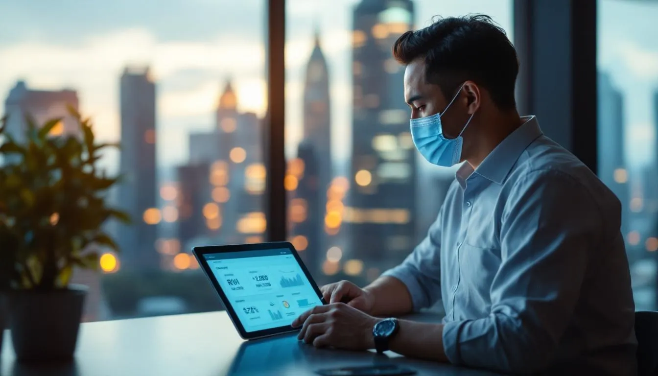 A Malaysian business owner in a modern Kuala Lumpur office, looking at a tablet showing a dashboard with 'ROI: RM12,000' a...
