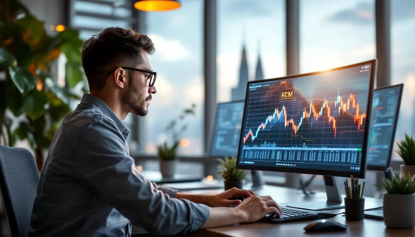 Seorang usahawan Malaysia di pejabat moden Kuala Lumpur dengan latar belakang Menara Twin Towers, sedang melihat papan pem...