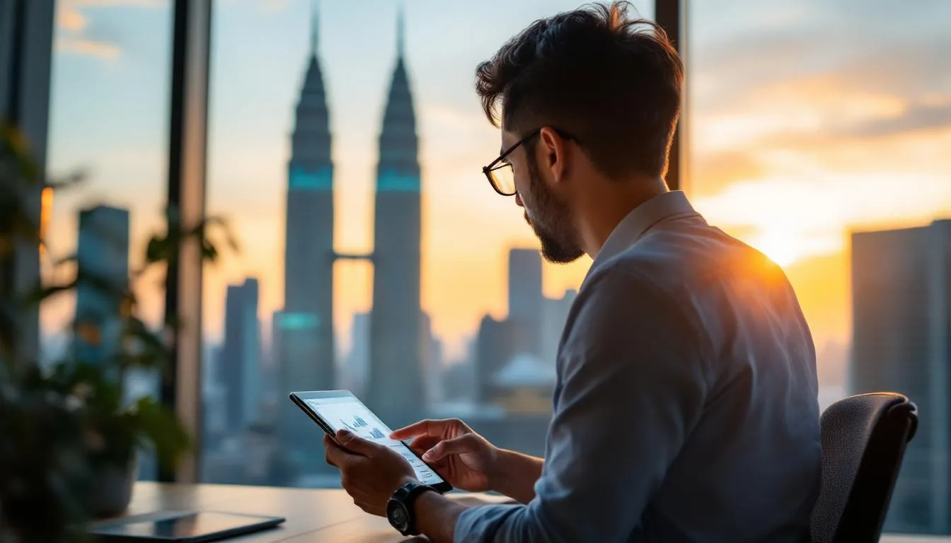 A Malaysian entrepreneur in a modern office in Kuala Lumpur, looking at a tablet displaying a WhatsApp AI dashboard with R...