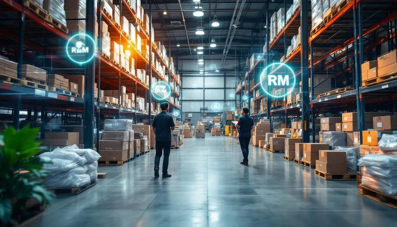 A busy Malaysian warehouse in Shah Alam with a digital overlay showing optimized delivery routes and fuel savings in RM, p...