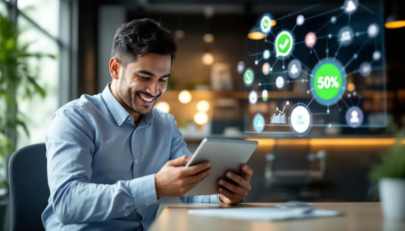 A busy Malaysian SME owner in a modern Kuala Lumpur office, smiling while looking at a tablet showing a 50% cost reduction...