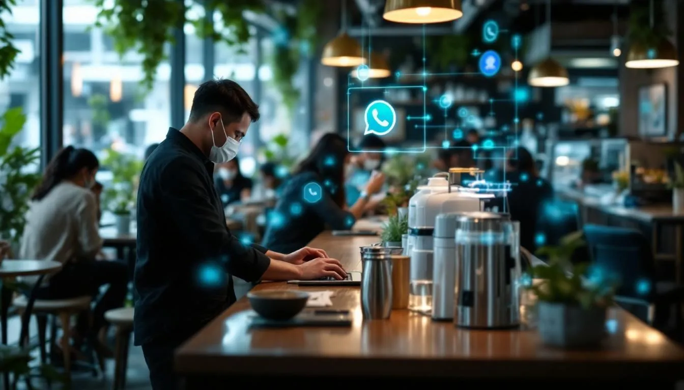 A busy Malaysian cafe in Kuala Lumpur with a digital overlay showing an AI bot handling WhatsApp orders, 4k, photography s...
