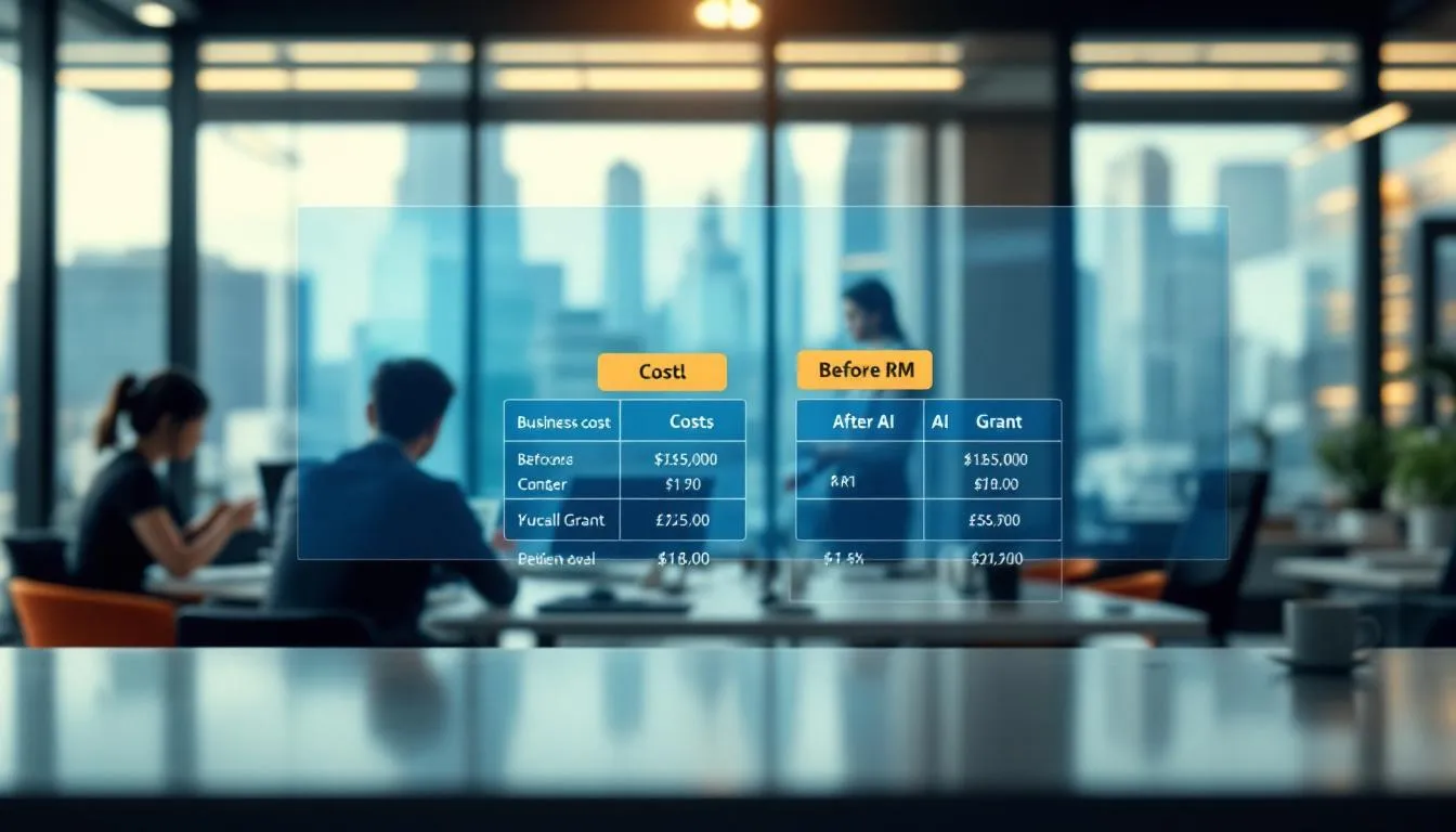 A clean, table overlaying a modern Kuala Lumpur office view, showing a comparison of business costs in RM before and after...