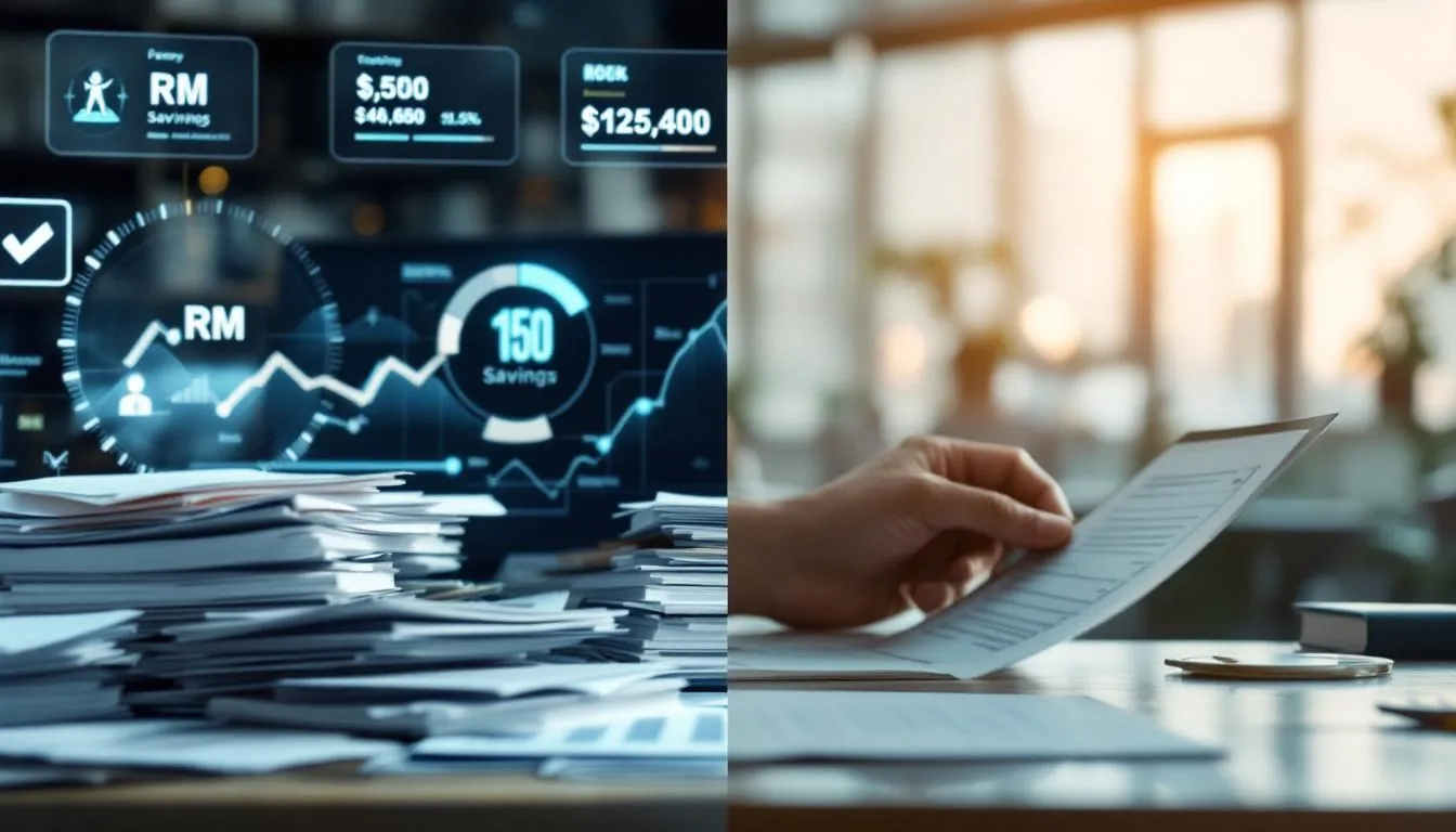 A split-screen visual showing a cluttered Malaysian office desk with stacks of paper on the left, and a clean, modern digi...