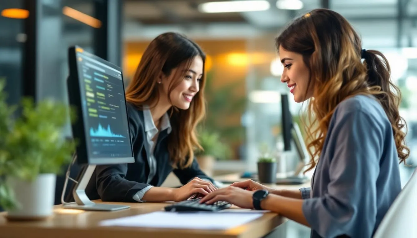 Seorang usahawan wanita Bumiputera berbincang dengan pasukan di pejabat moden di Kuala Lumpur, latar belakang menunjukkan ...