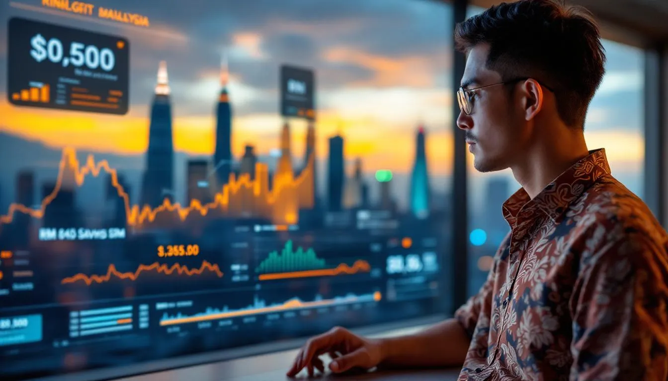 photo of a modern Malaysian entrepreneur in a batik shirt looking at a high-tech AI dashboard showing Ringgit Malaysia (RM...