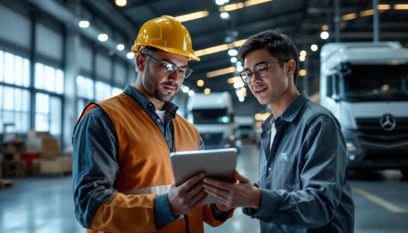 A Malaysian business owner in a modern Shah Alam warehouse looking at a tablet showing a 15% fuel saving chart, with deliv...