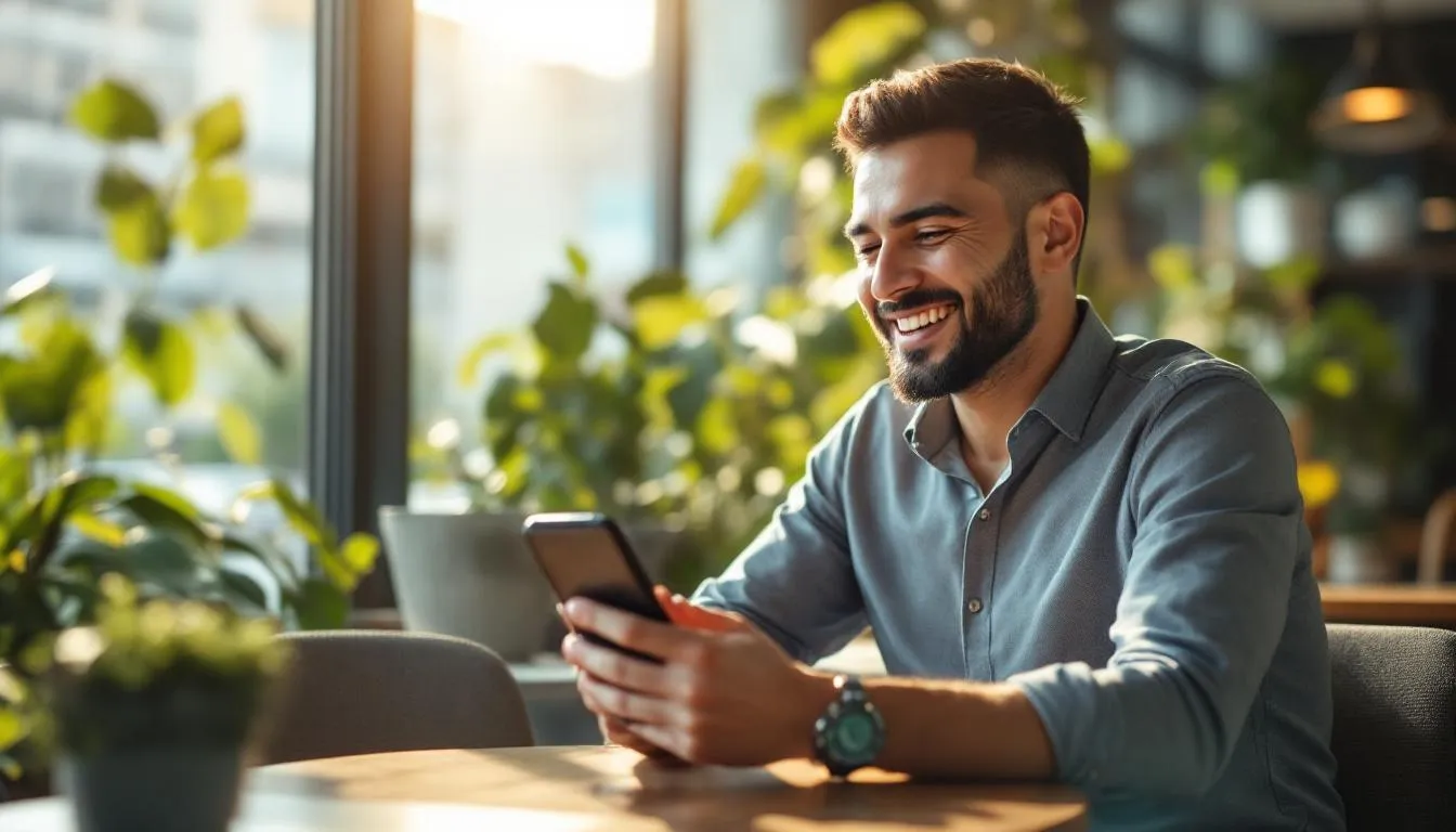 A Malaysian business owner sitting in a modern cafe in Bangsar, smiling while looking at a smartphone showing a high-growt...