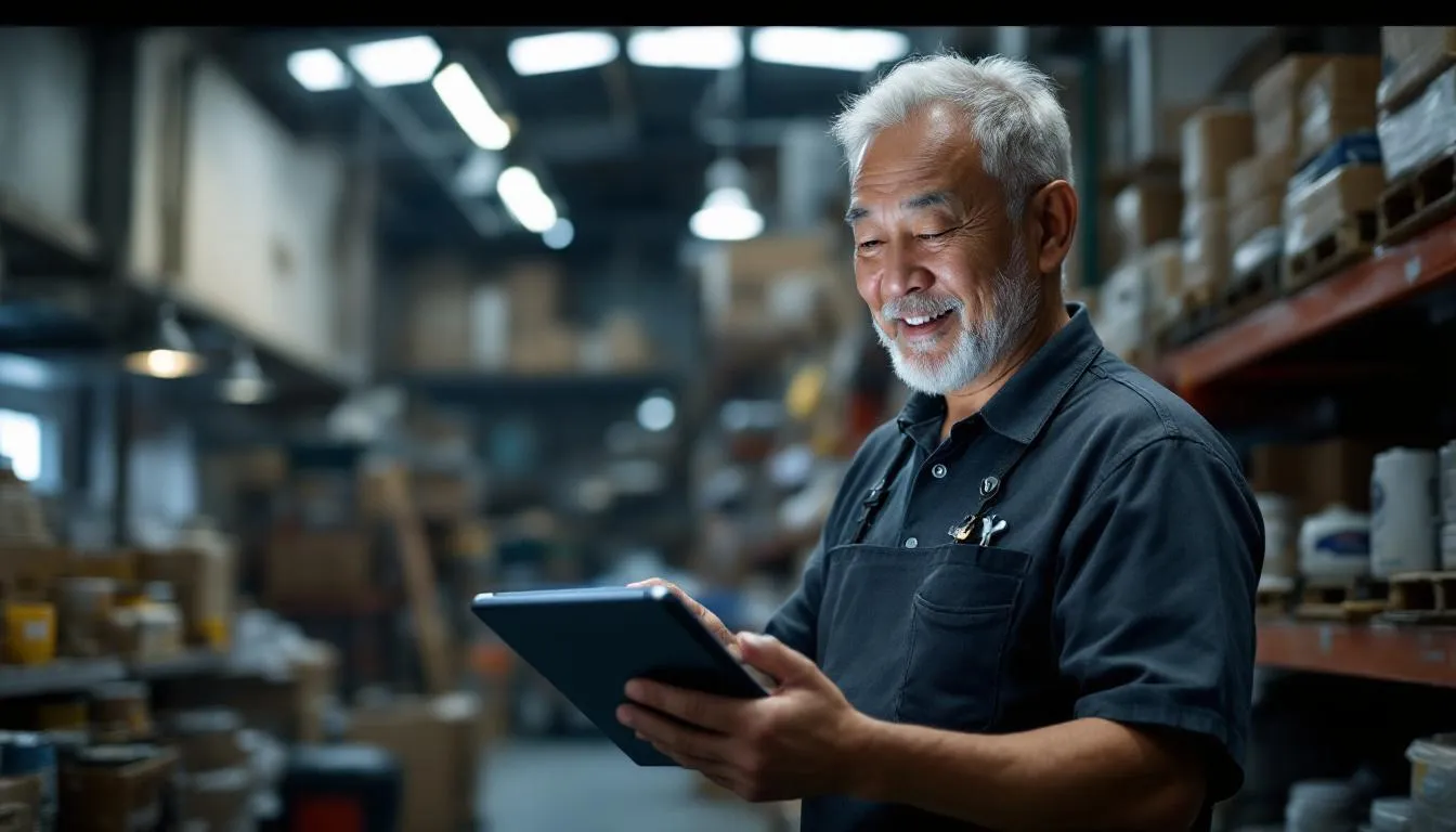 A modern Malaysian hardware store owner (Uncle Tan style) looking proudly at a digital tablet showing stock levels, with a...