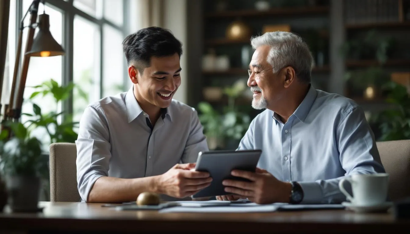 A Malaysian Chinese business owner showing a digital dashboard on a tablet to his traditional father in a classic office s...