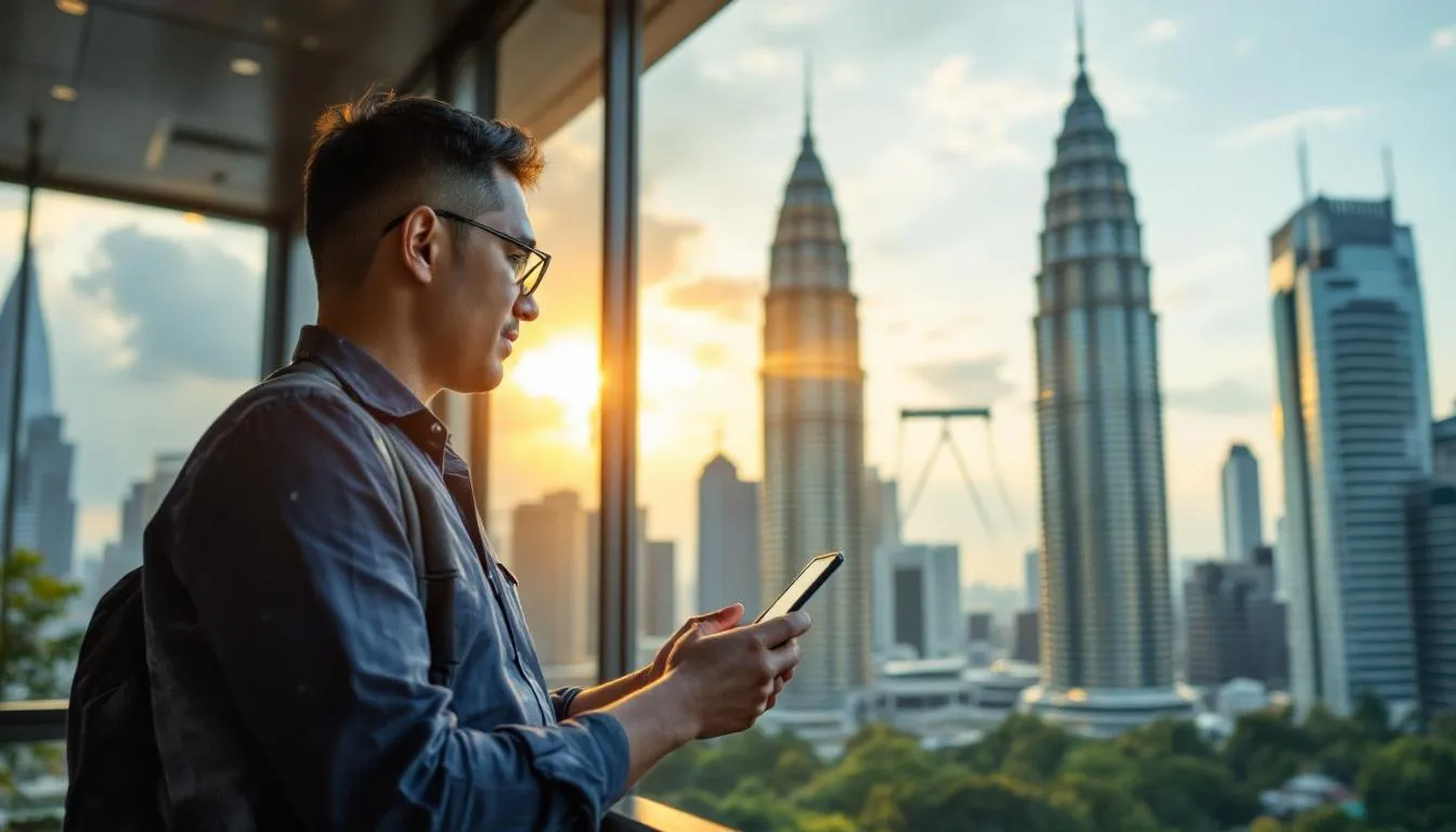 Seorang usahawan Malaysia di pejabat moden Kuala Lumpur sedang melihat papan pemuka digital yang menunjukkan peningkatan R...