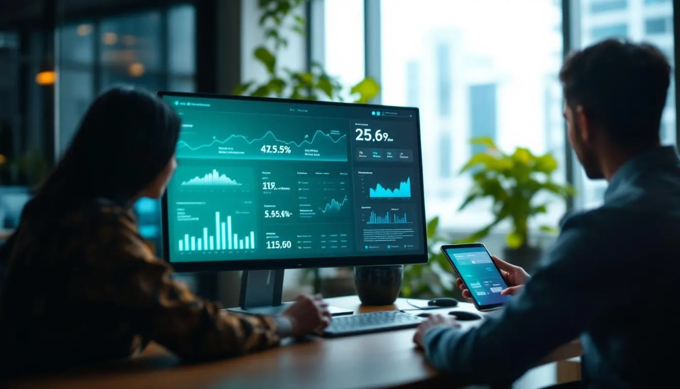 Dua usahawan Malaysia berbincang di pejabat moden Kuala Lumpur dengan latar belakang Menara Berkembar Petronas, skrin tabl...