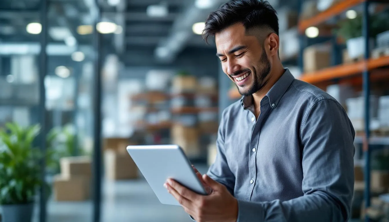 A Malaysian business owner in a modern Shah Alam office looking relieved while viewing a clean digital dashboard on a tabl...
