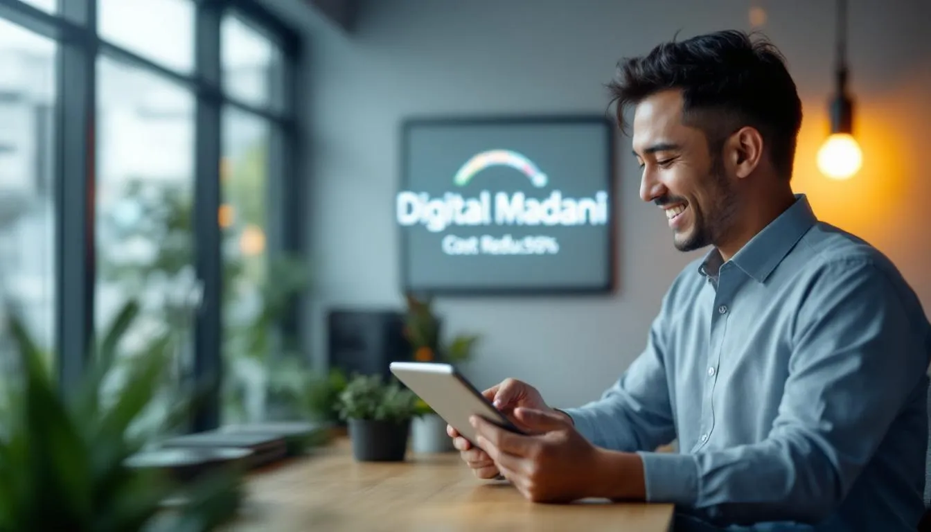 A Malaysian business owner in a modern Klang office, smiling while looking at a tablet showing a 50% cost reduction chart,...