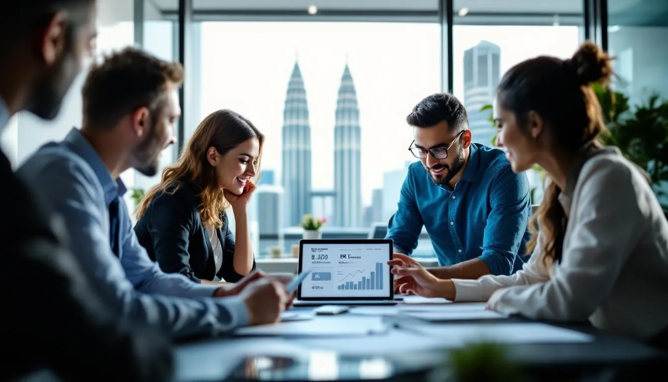 A Malaysian business meeting in a bright Kuala Lumpur office with a view of the Petronas Towers, featuring a diverse team ...