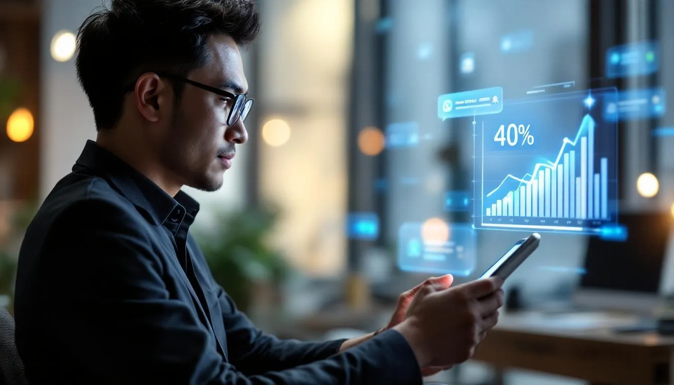 A Malaysian business owner in a modern Kuala Lumpur office, looking at a tablet displaying a 40% growth chart, with a subt...