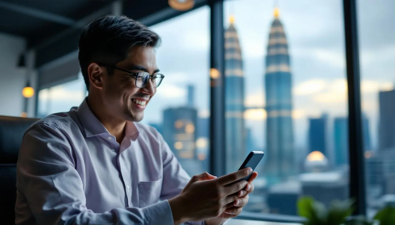 A Malaysian business owner in a modern office in Kuala Lumpur, smiling while looking at a smartphone displaying a WhatsApp...